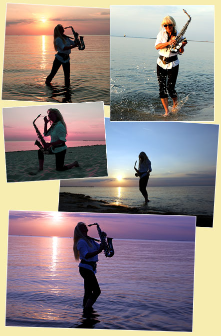 Saxophonist spielt am Meer